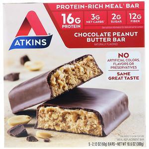 Atkins, Meal Bar, Chocolate Peanut Butter Bar, 5 Bars, 2.12 oz (60 g) Each - HealthCentralUSA
