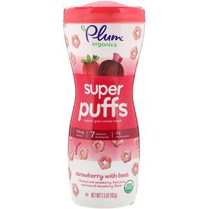 Plum Organics, Super Puffs, Organic Grain Cereal Snack, Strawberry with Beet, 1.5 oz (42 g) - HealthCentralUSA