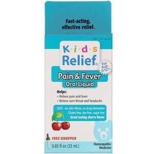 Homeolab USA, Kids Relief, Pain & Fever Oral Liquid, For Kids 0-12 Yrs, Cherry Flavor, 0.85 fl oz (25 ml) - HealthCentralUSA