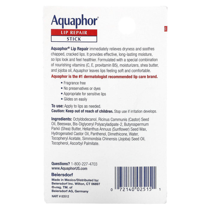 Aquaphor, Lip Repair, Stick, Immediate Relief, Fragrance Free, 1 Stick, .17 oz (4.8 g) - HealthCentralUSA