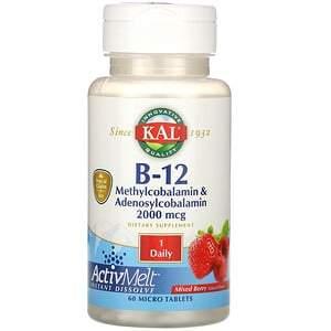 KAL, B-12 Methylcobalamin & Adenosylcobalamin, Mixed Berry, 2,000 mcg, 60 Micro Tablets - HealthCentralUSA