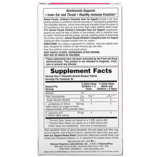 Nature's Plus, Source of Life, Animal Parade, Children's Chewable Inner Ear Support, Natural Cherry, 90 Animals-Shaped Tablets - HealthCentralUSA