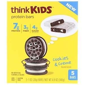 Think !, ThinkKids, Protein Bars, Cookies & Creme, 5 Bars, 1 oz (28 g) Each - HealthCentralUSA