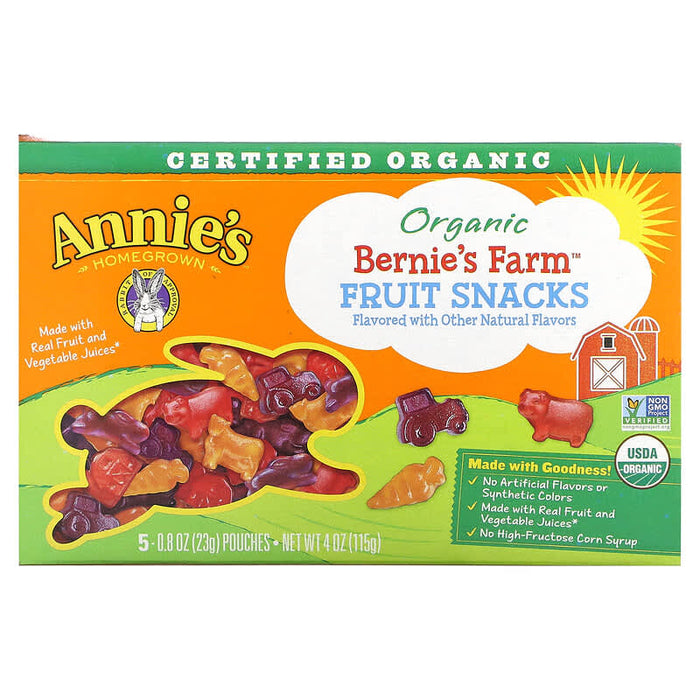 Annie's Homegrown, Organic Bernie's Farm Fruit Snacks, 5 Pouches, 0.8 oz (23 g) Each