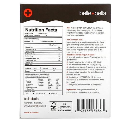 Belle+Bella, Non-Dairy Yogurt Starter, 4 Packets, (5 g) Each - HealthCentralUSA