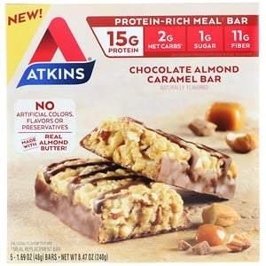Atkins, Meal Bar, Chocolate Almond Caramel Bar, 5 Bars, 1.69 oz (48 g) Each - HealthCentralUSA