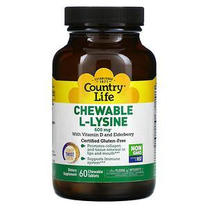 Country Life, Chewable L-Lysine with Vitamin D and Elderberry, 300 mg, 60 Chewable Tablets - HealthCentralUSA