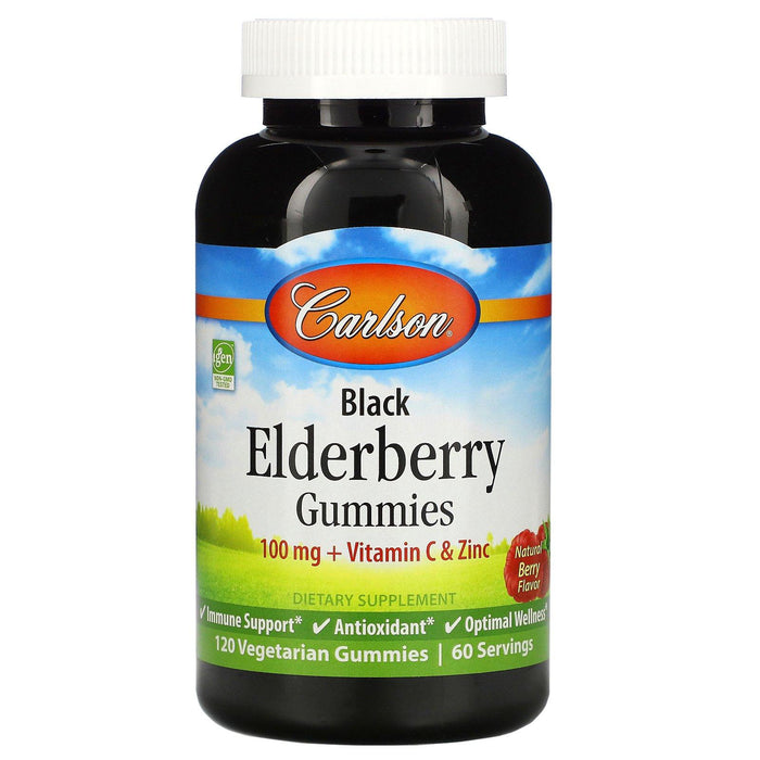 Carlson Labs, Black Elderberry Gummies + Vitamin C & Zinc, Natural Berry, 100 mg, 120 Vegetarian Gummies - HealthCentralUSA