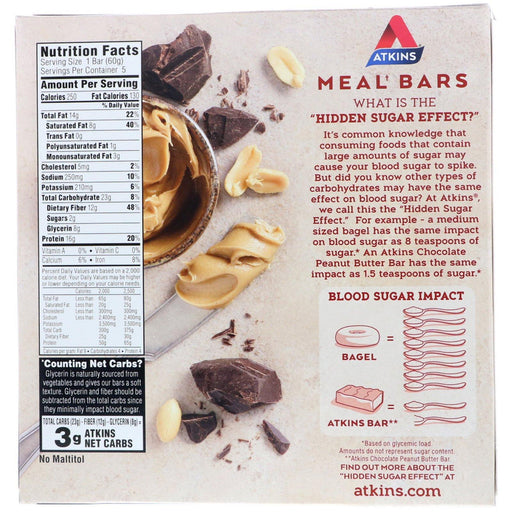Atkins, Meal Bar, Chocolate Peanut Butter Bar, 5 Bars, 2.12 oz (60 g) Each - HealthCentralUSA