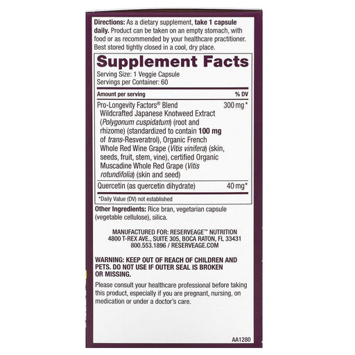 ReserveAge Nutrition, Resveratrol, 100 mg, 60 Veggie Capsules - HealthCentralUSA