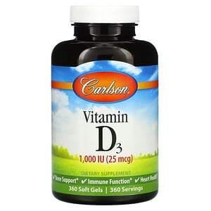 Carlson Labs, Vitamin D3, 25 mcg (1,000 IU), 360 Soft Gels - HealthCentralUSA