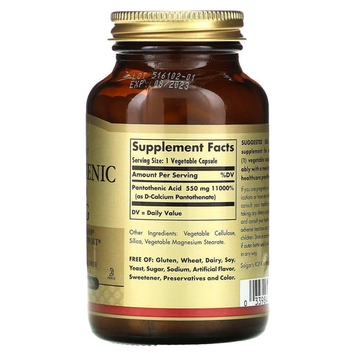 Solgar, Pantothenic Acid, 550 mg, 100 Vegetable Capsules - HealthCentralUSA