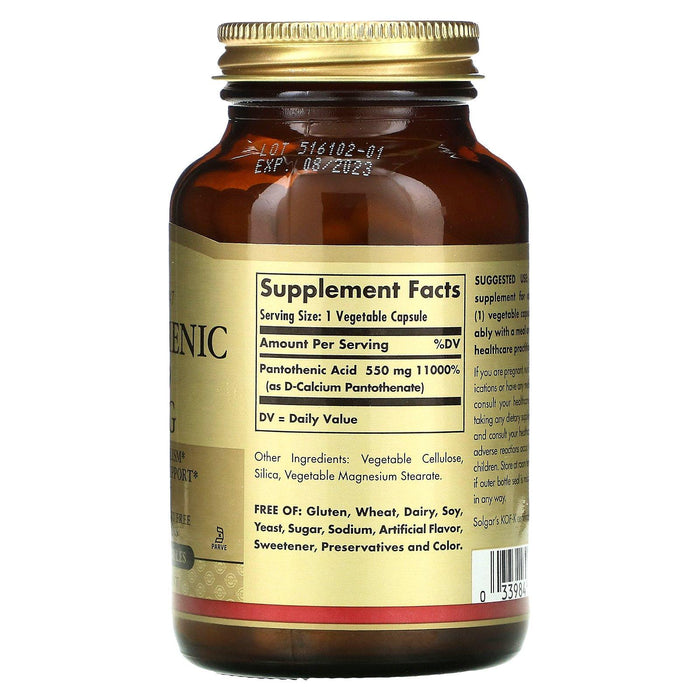Solgar, Pantothenic Acid, 550 mg, 100 Vegetable Capsules - HealthCentralUSA