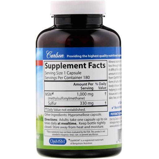 Carlson Labs, MSM Sulfur, 1,000 mg, 180 Vegetarian Capsules - HealthCentralUSA