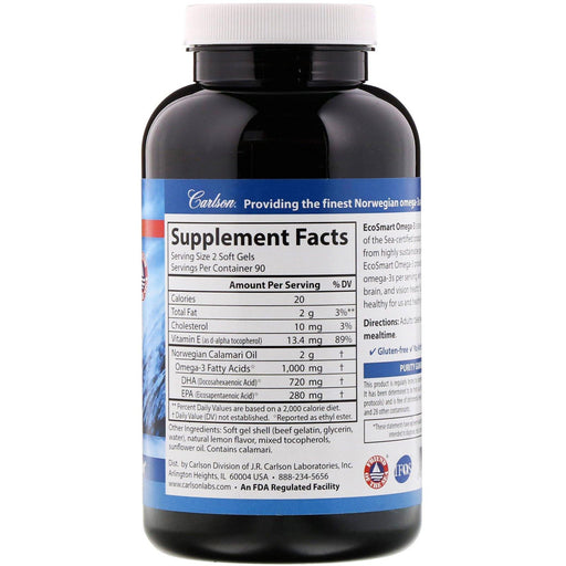 Carlson Labs, EcoSmart Omega-3, Natural Lemon Flavor, 1,000 mg, 180 Soft Gels - HealthCentralUSA