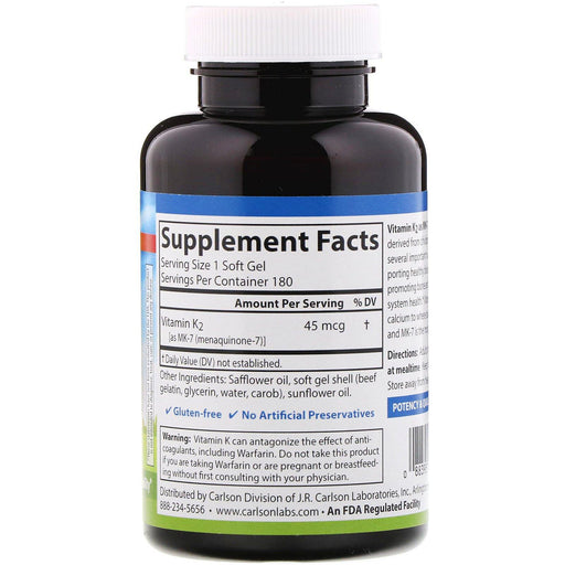 Carlson Labs, Vitamin K2 MK-7 (Menaquinone-7), 45 mcg, 180 Soft Gels - HealthCentralUSA